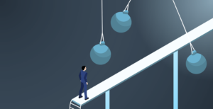 conceptual illustration of a man walking along a narrow, elevated white beam in a dark space.